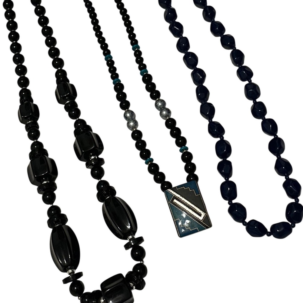 Vintage Unbranded Beaded Necklace Lot Women Black Blue Excellent Japan 3pc MCM